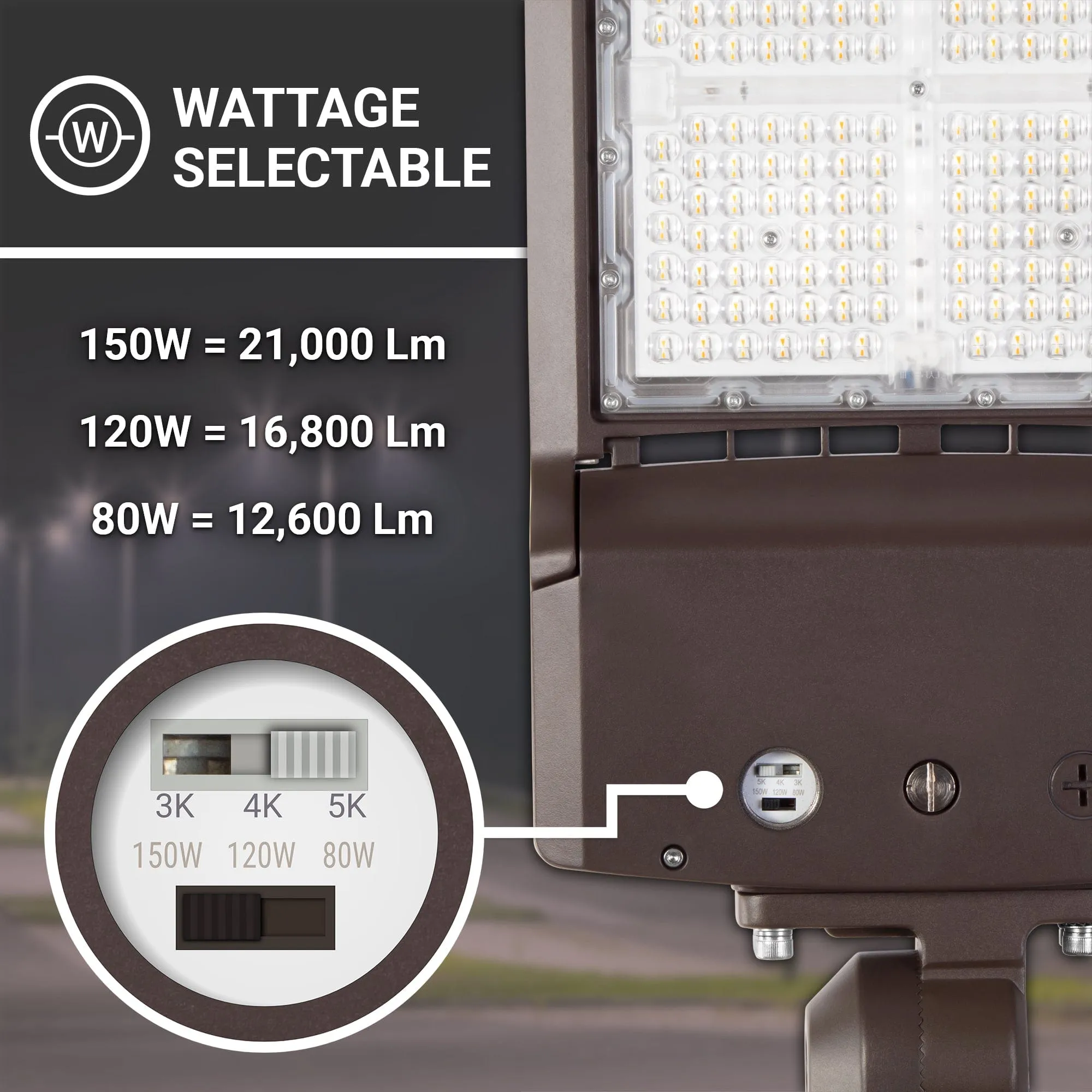 150W/120W/80W LED Area Light With Split Fit Mount - 3K/4K/5K CCT - 277-480VAC