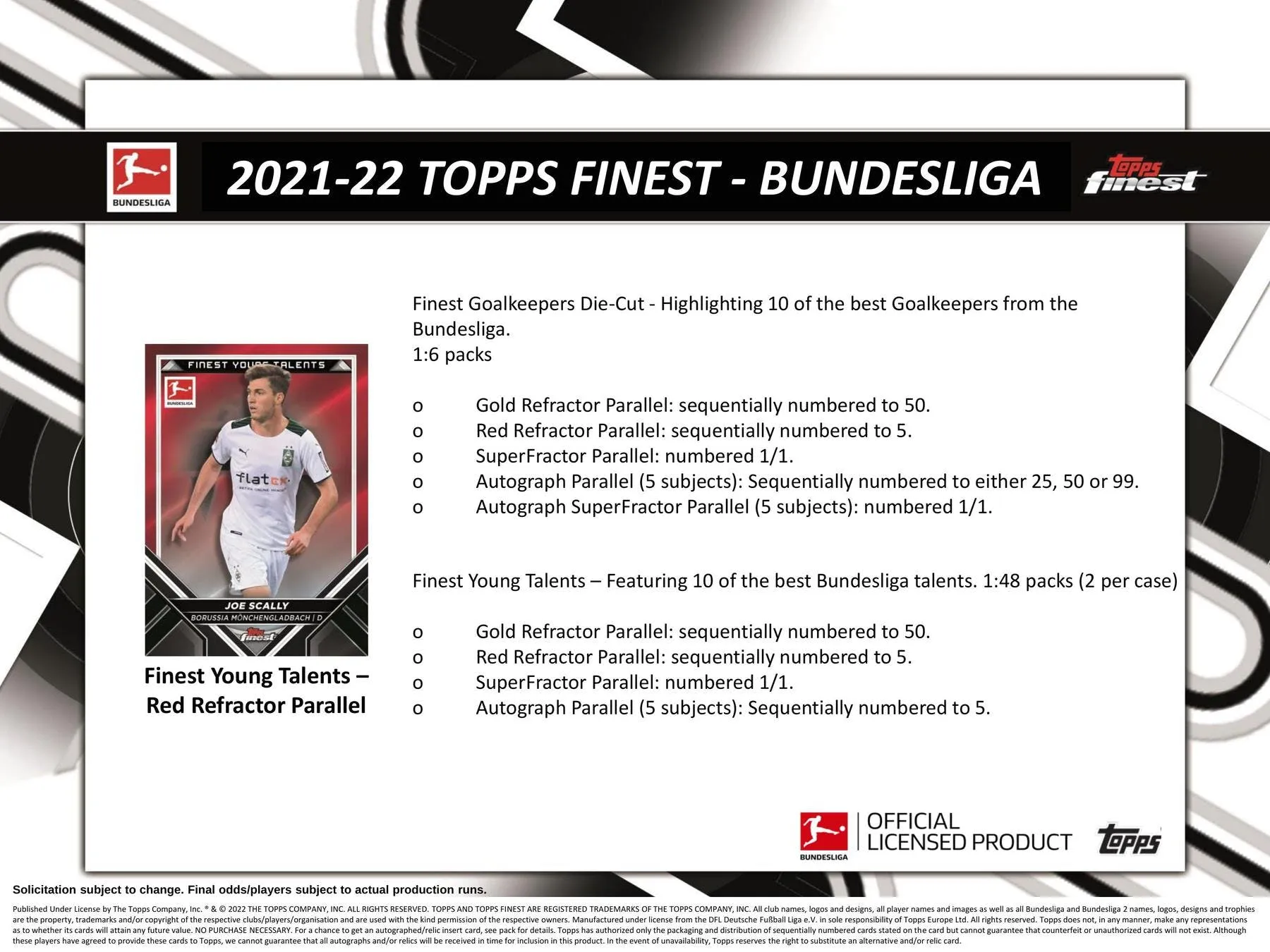 2021/22 Topps Finest Bundesliga Soccer Hobby Box 2 Mini-Boxes Per Master Box, 6 Packs Per Mini-Box, 5 Cards Per Pack