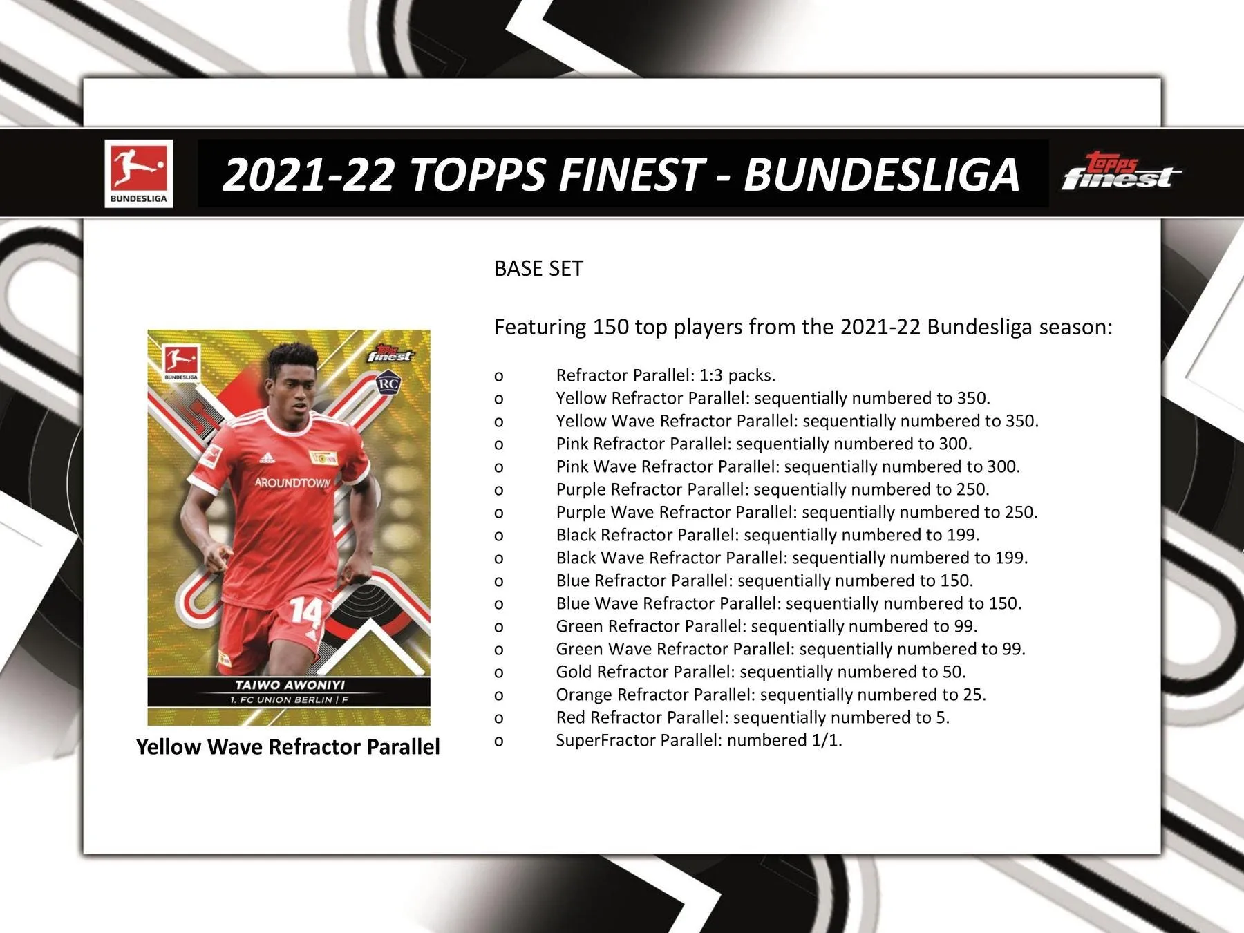 2021/22 Topps Finest Bundesliga Soccer Hobby Box 2 Mini-Boxes Per Master Box, 6 Packs Per Mini-Box, 5 Cards Per Pack