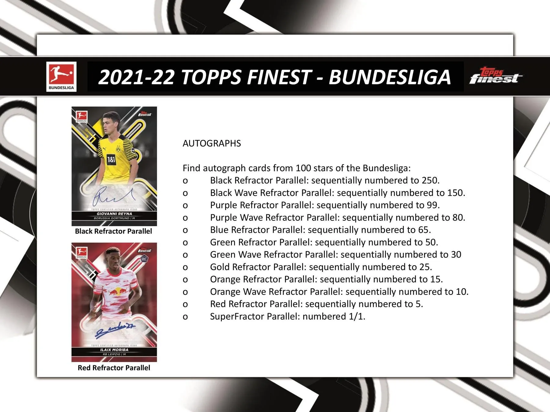 2021/22 Topps Finest Bundesliga Soccer Hobby Box 2 Mini-Boxes Per Master Box, 6 Packs Per Mini-Box, 5 Cards Per Pack