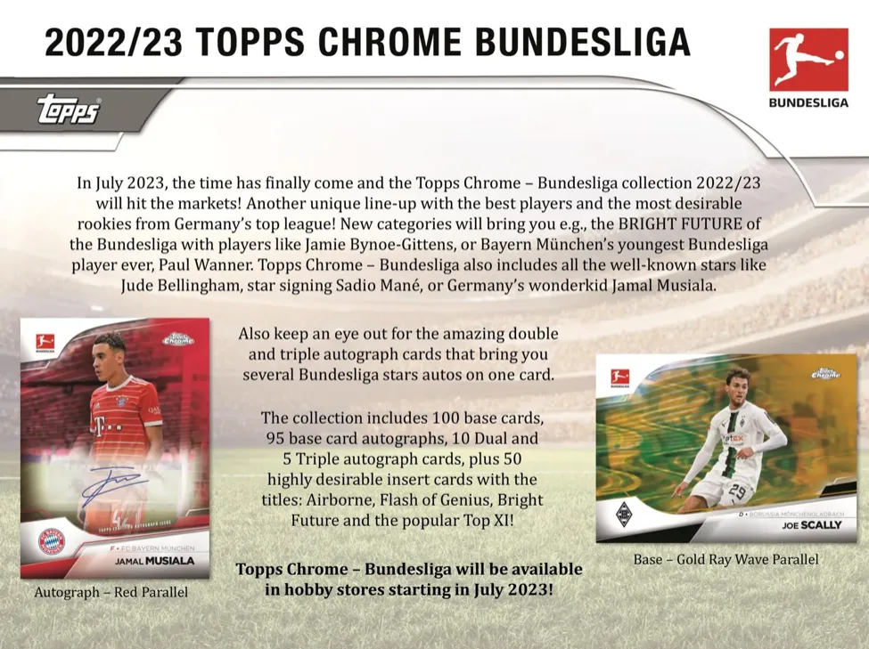 2022/23 Topps Chrome Bundesliga Soccer Hobby Box 20 Packs per Box, 4 Cards per Pack