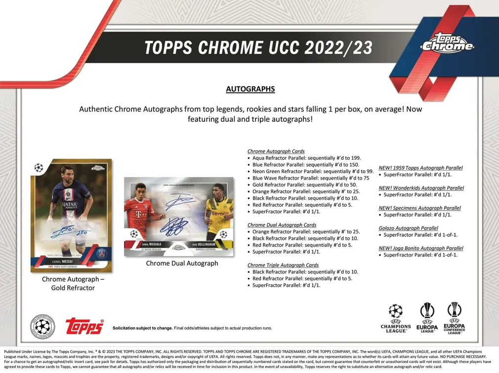 2022/23 Topps Chrome UEFA Club Competitions Soccer Hobby Box 20 Packs per Box, 4 Cards per Pack