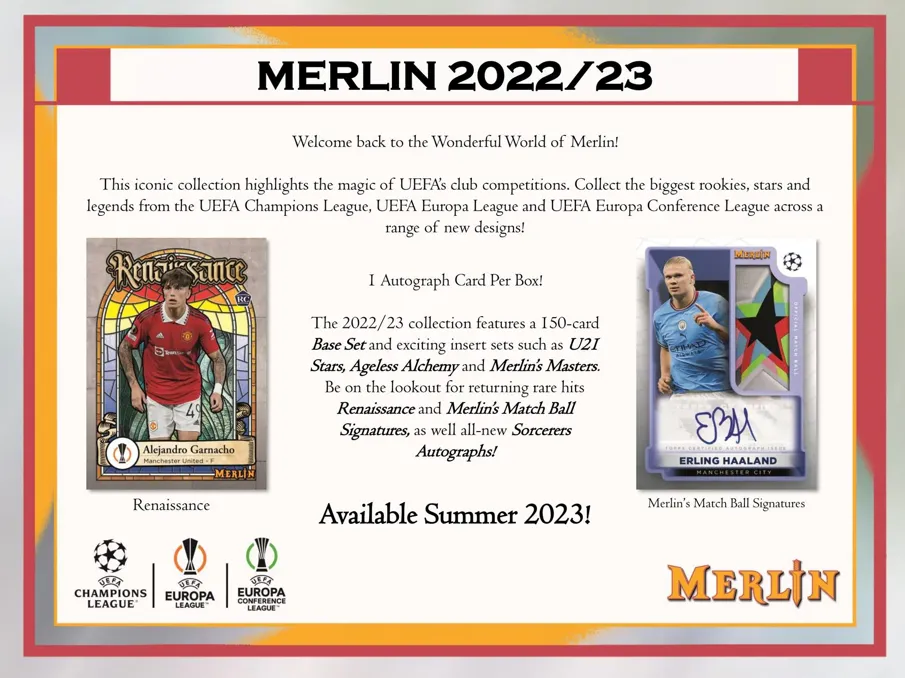 2022/23 Topps UEFA Club Competitions Merlin Chrome Soccer Hobby Box 18 packs Per Box, 4 Cards Per Pack