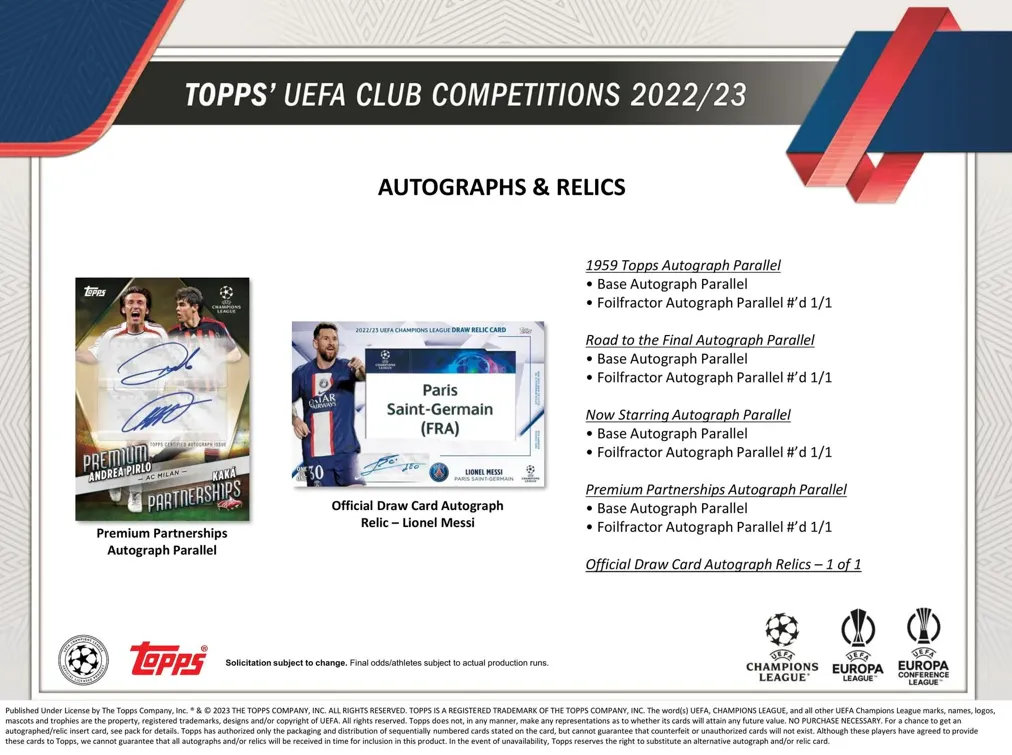 2022/23 Topps UEFA Club Competitions Soccer Hobby Box 24 Packs per Box, 8 Cards per Pack