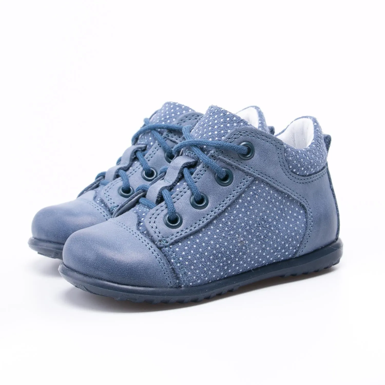 (2369B-10) Emel Lace Up First Shoes Blue polka dots