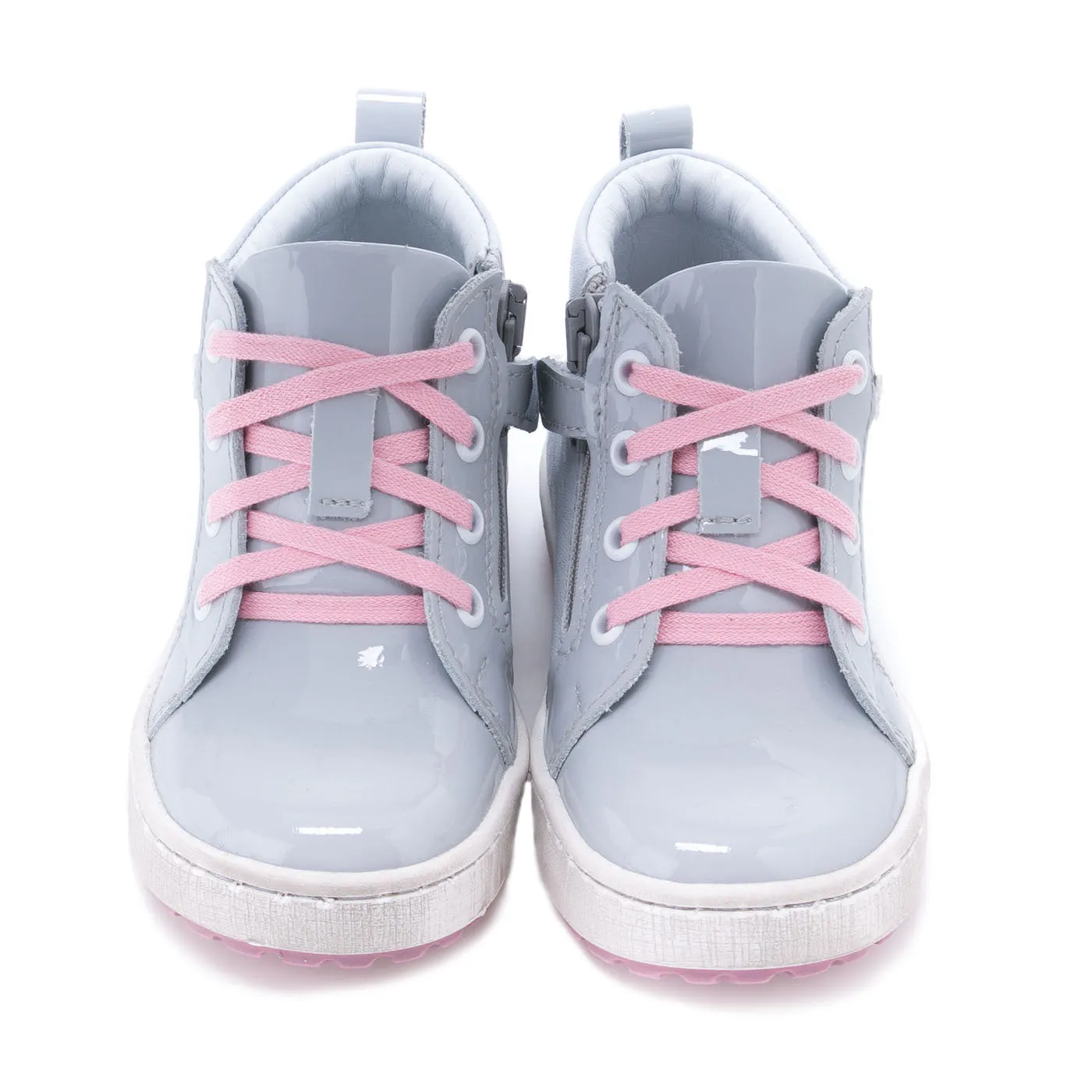 (2624C-3) Grey Pink Patented Lace Up Sneakers with zipper