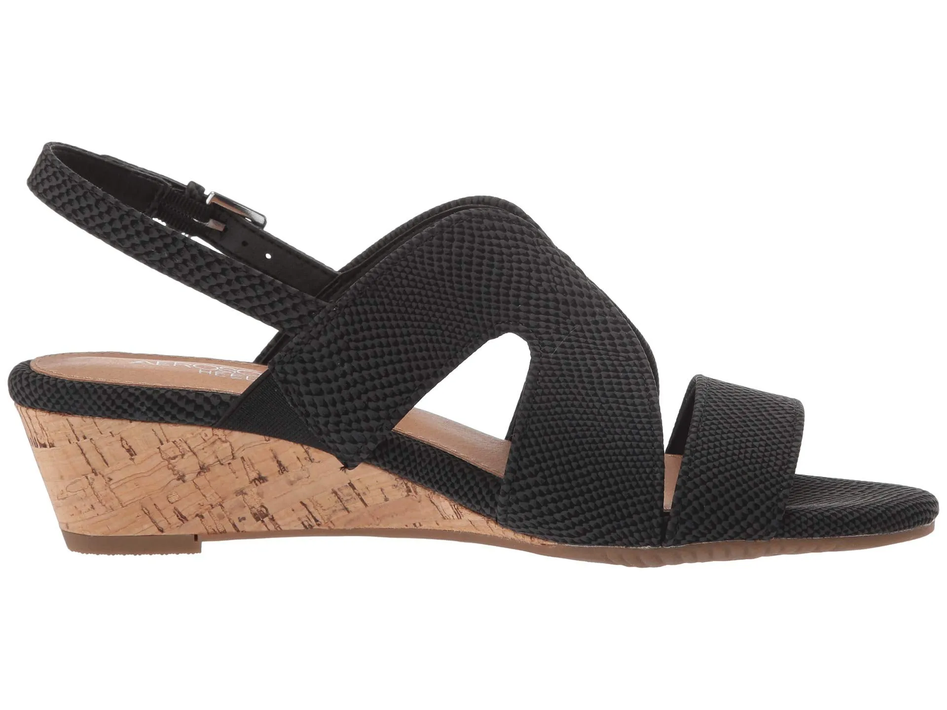 Aerosoles Appreciate Black Snake Slingback Round Open Toe Cork Wedge Sandal