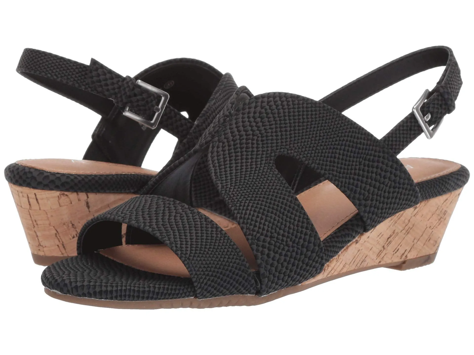 Aerosoles Appreciate Black Snake Slingback Round Open Toe Cork Wedge Sandal