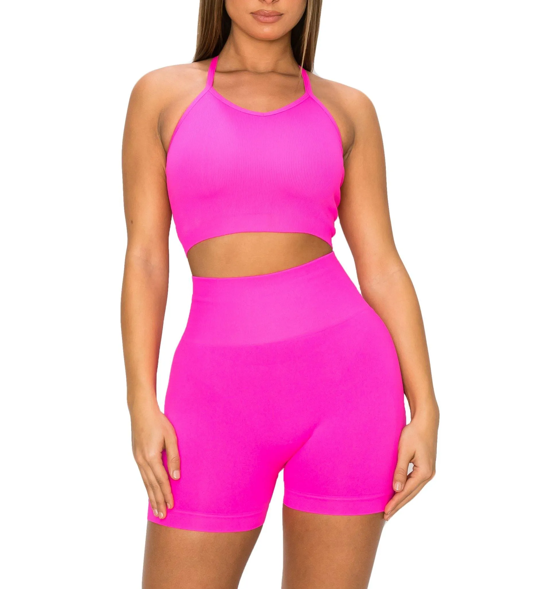 ALWAYS Women's Seamless 2 Piece Set - High Waisted Yoga Bike Workout Shorts and Cropped Racerback Tank Top