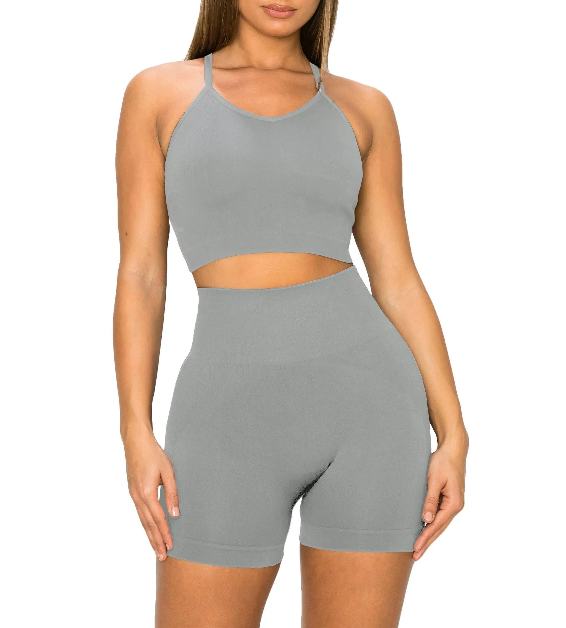 ALWAYS Women's Seamless 2 Piece Set - High Waisted Yoga Bike Workout Shorts and Cropped Racerback Tank Top