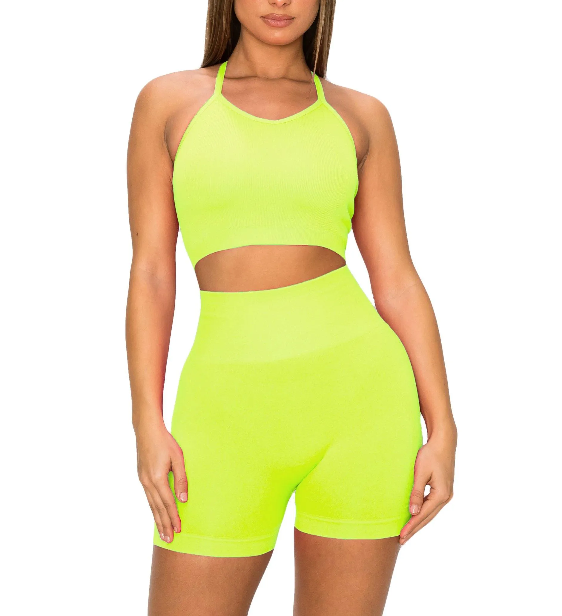 ALWAYS Women's Seamless 2 Piece Set - High Waisted Yoga Bike Workout Shorts and Cropped Racerback Tank Top