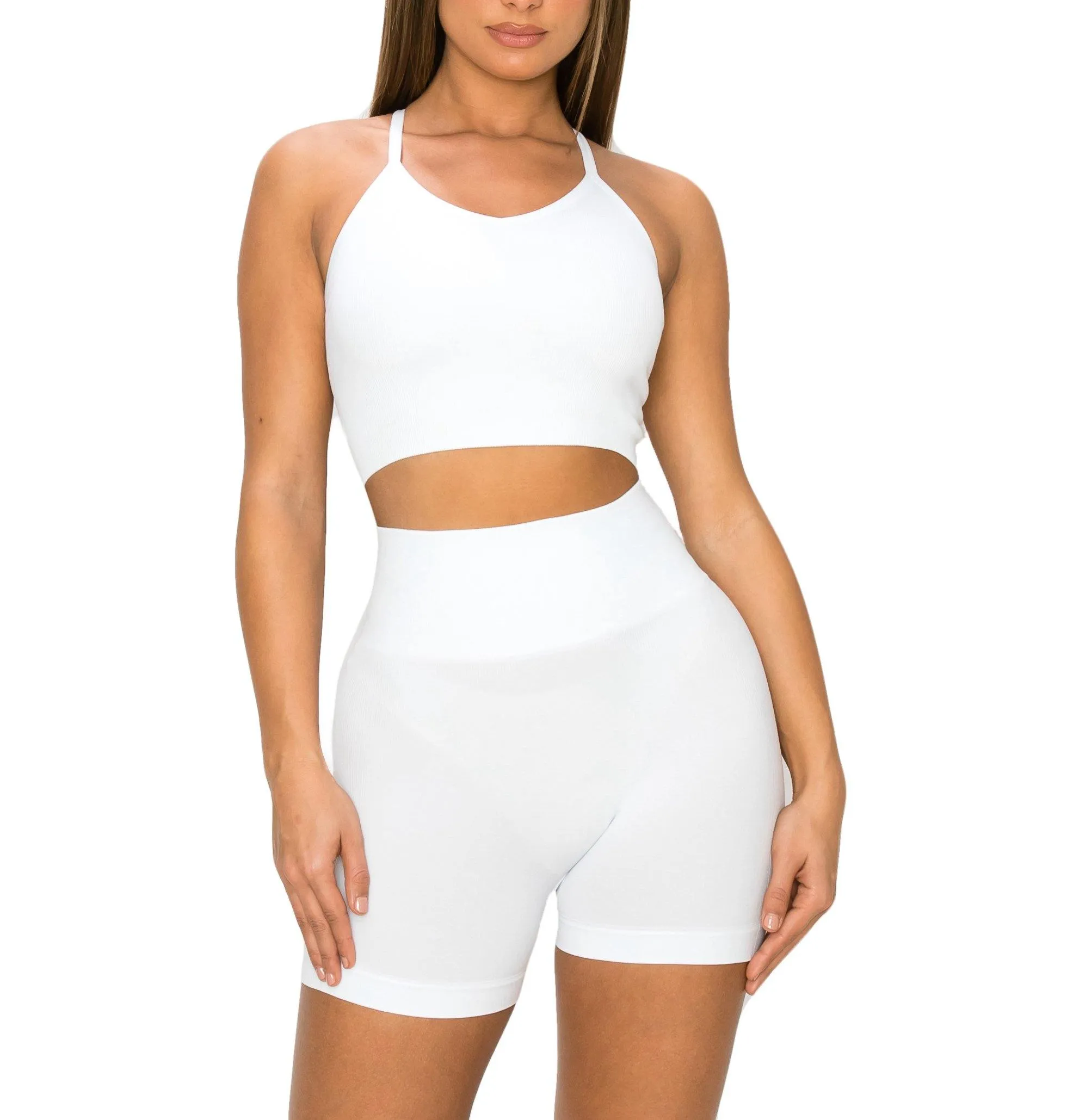 ALWAYS Women's Seamless 2 Piece Set - High Waisted Yoga Bike Workout Shorts and Cropped Racerback Tank Top