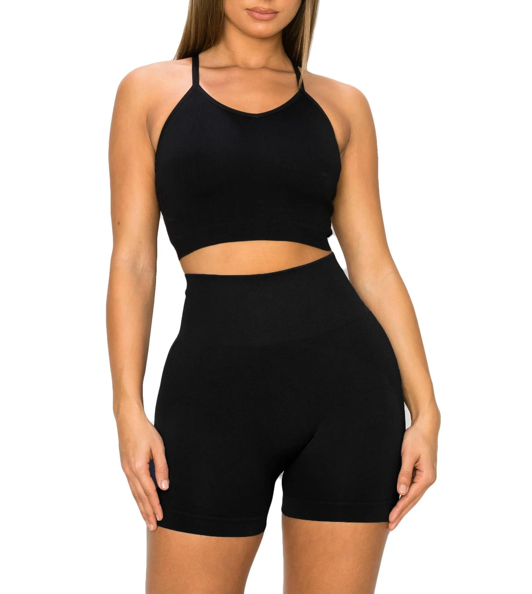 ALWAYS Women's Seamless 2 Piece Set - High Waisted Yoga Bike Workout Shorts and Cropped Racerback Tank Top