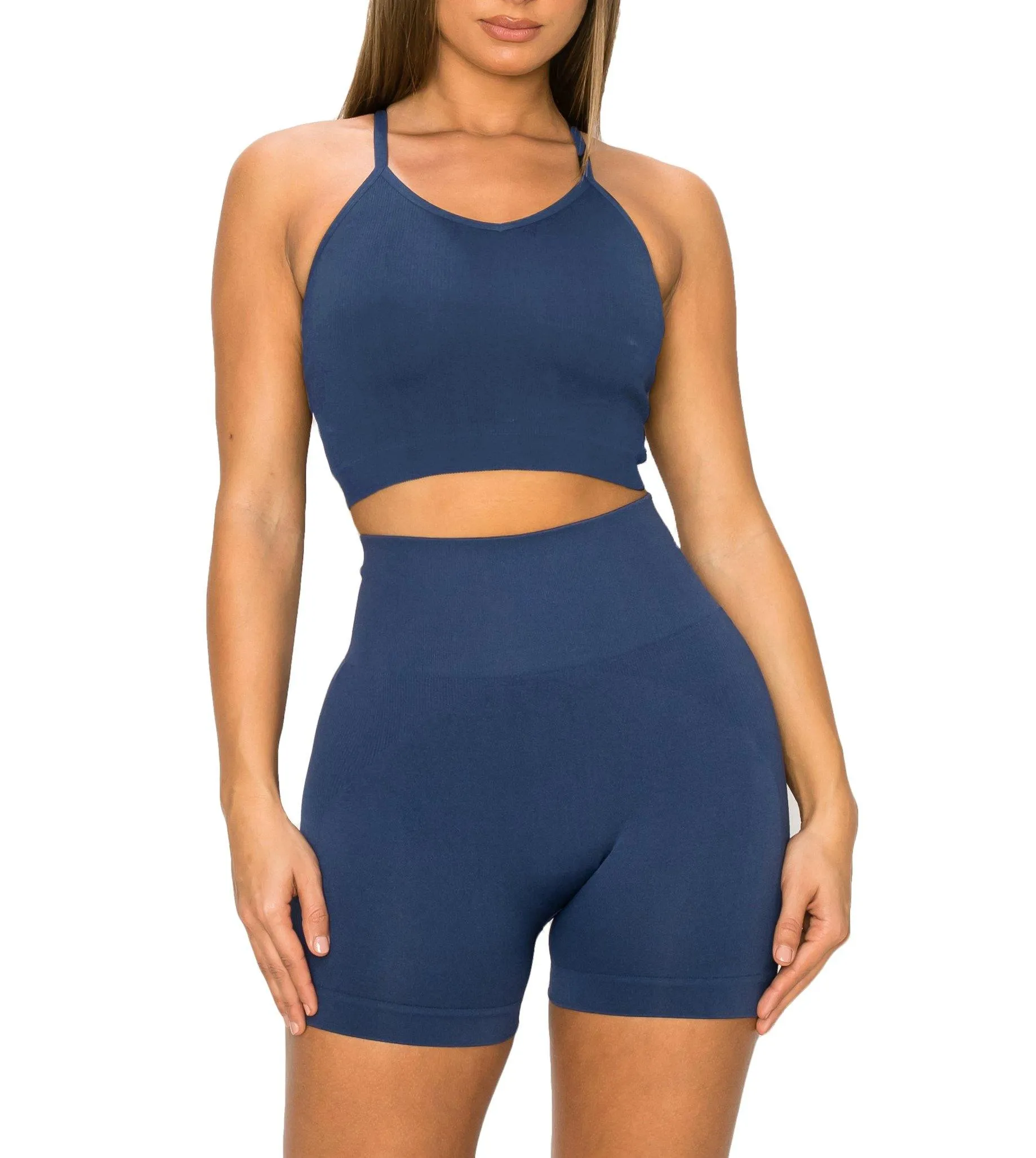 ALWAYS Women's Seamless 2 Piece Set - High Waisted Yoga Bike Workout Shorts and Cropped Racerback Tank Top