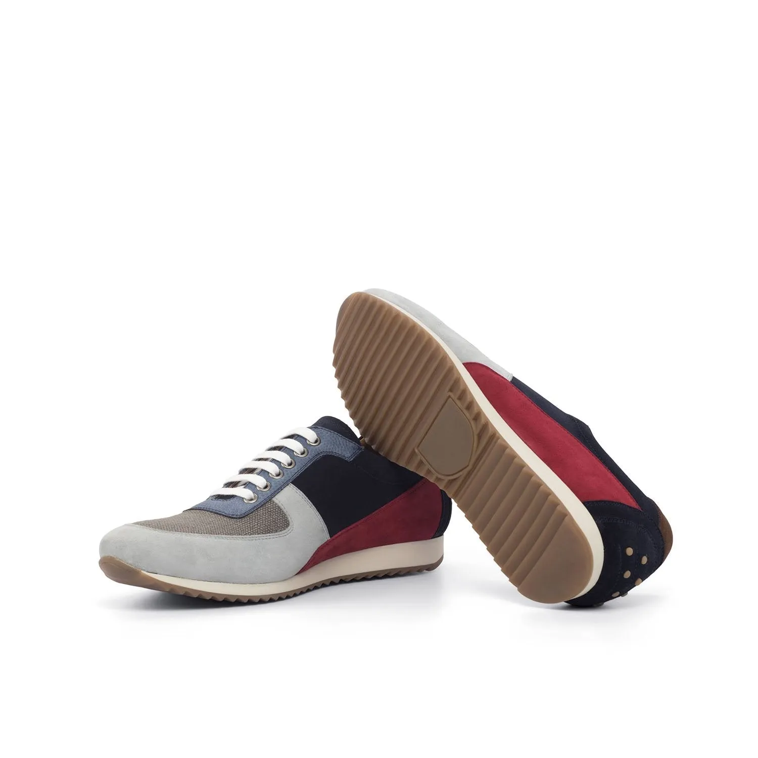 Ambrogio Bespoke Custom Men's Shoes Gray, Brown, Navy & Red Fabric / Suede / Pebble Grain Leather Sneakers (AMB1906)