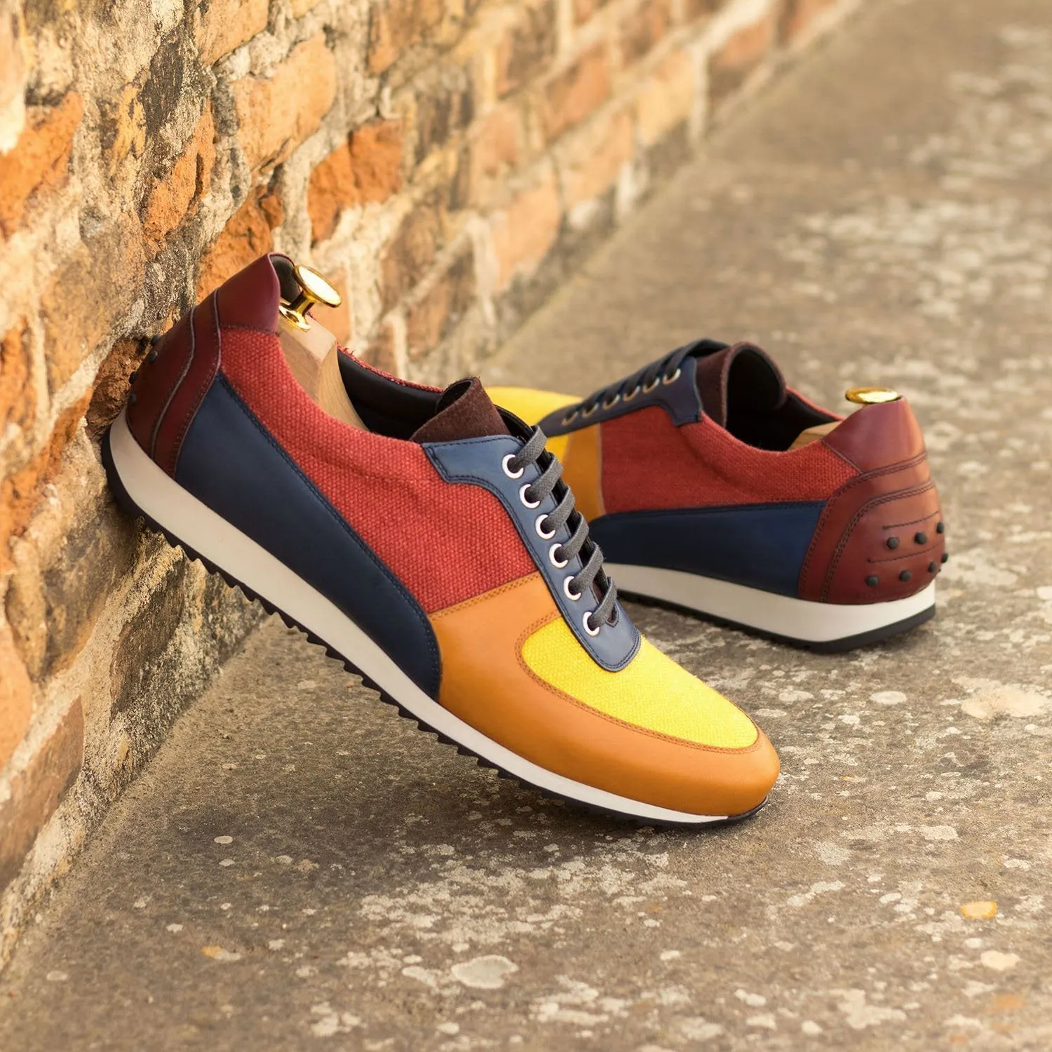 Ambrogio Bespoke Custom Men's Shoes Mustard, Red, Burgundy, Cognac & Navy Fabric / Suede / Calf-Skin Leather Casual Sneakers (AMB1955)