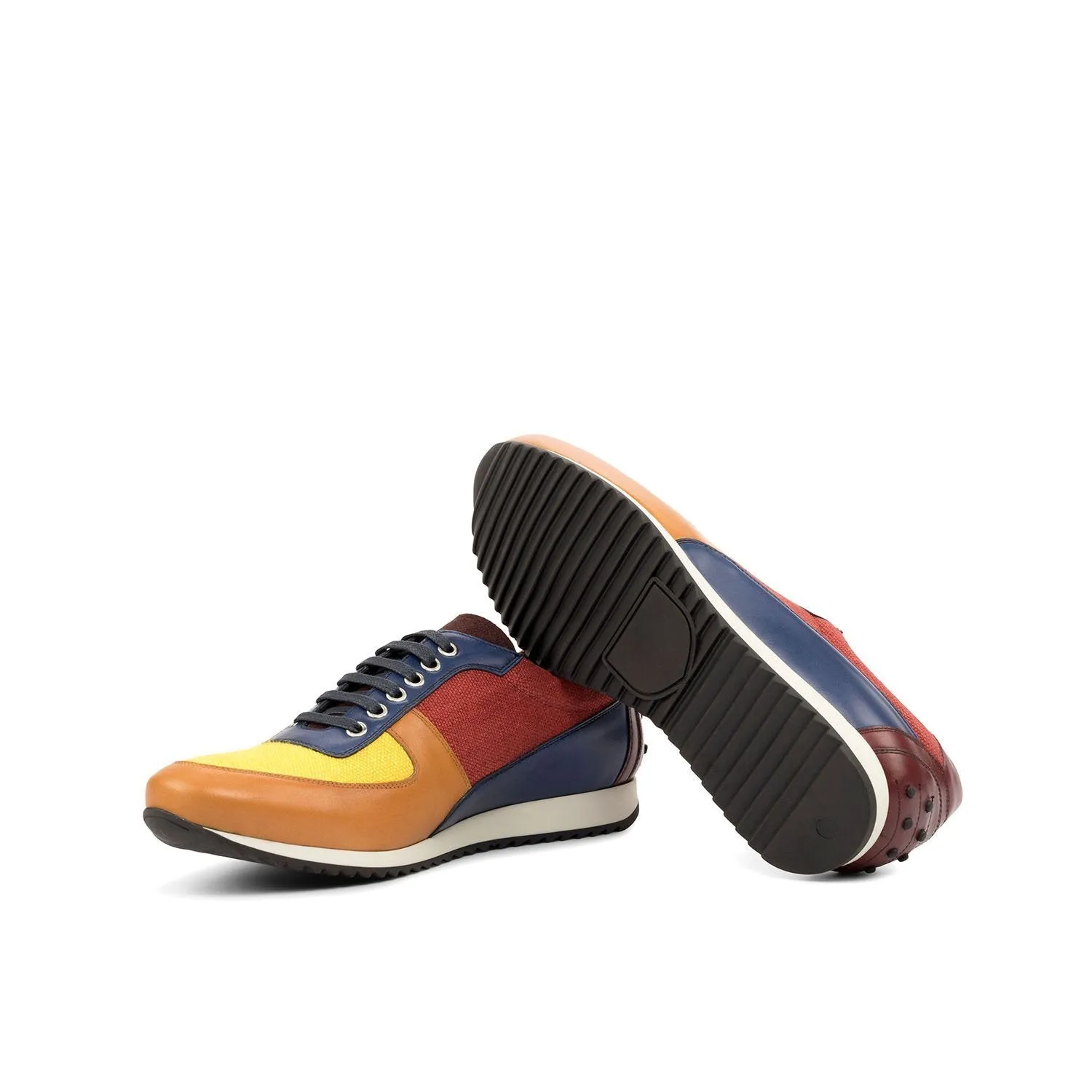 Ambrogio Bespoke Custom Men's Shoes Mustard, Red, Burgundy, Cognac & Navy Fabric / Suede / Calf-Skin Leather Casual Sneakers (AMB1955)