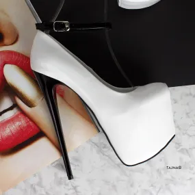 Ankle Strap White Black Gloss High Heels