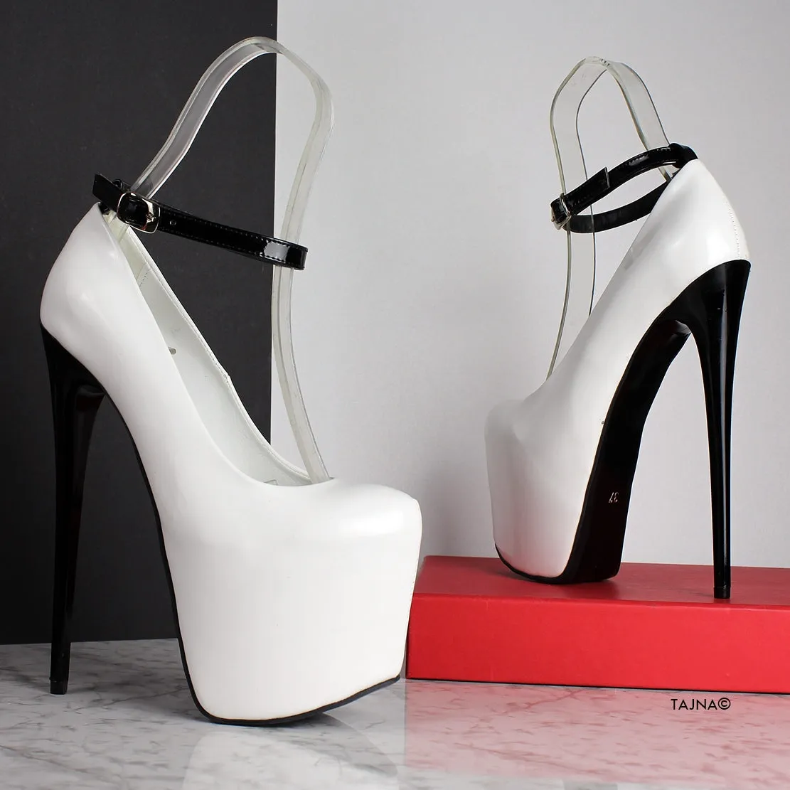 Ankle Strap White Black Gloss High Heels