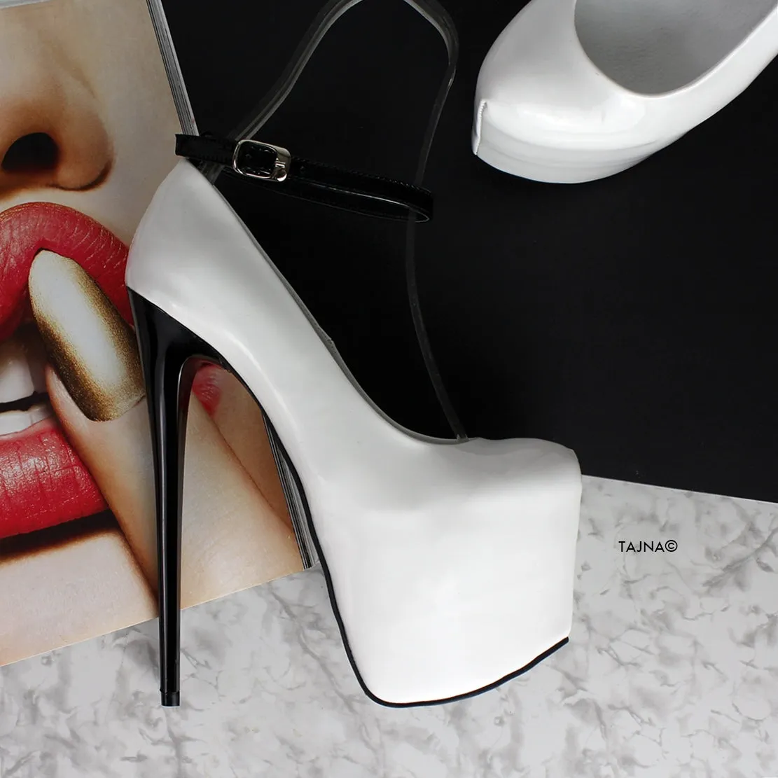 Ankle Strap White Black Gloss High Heels