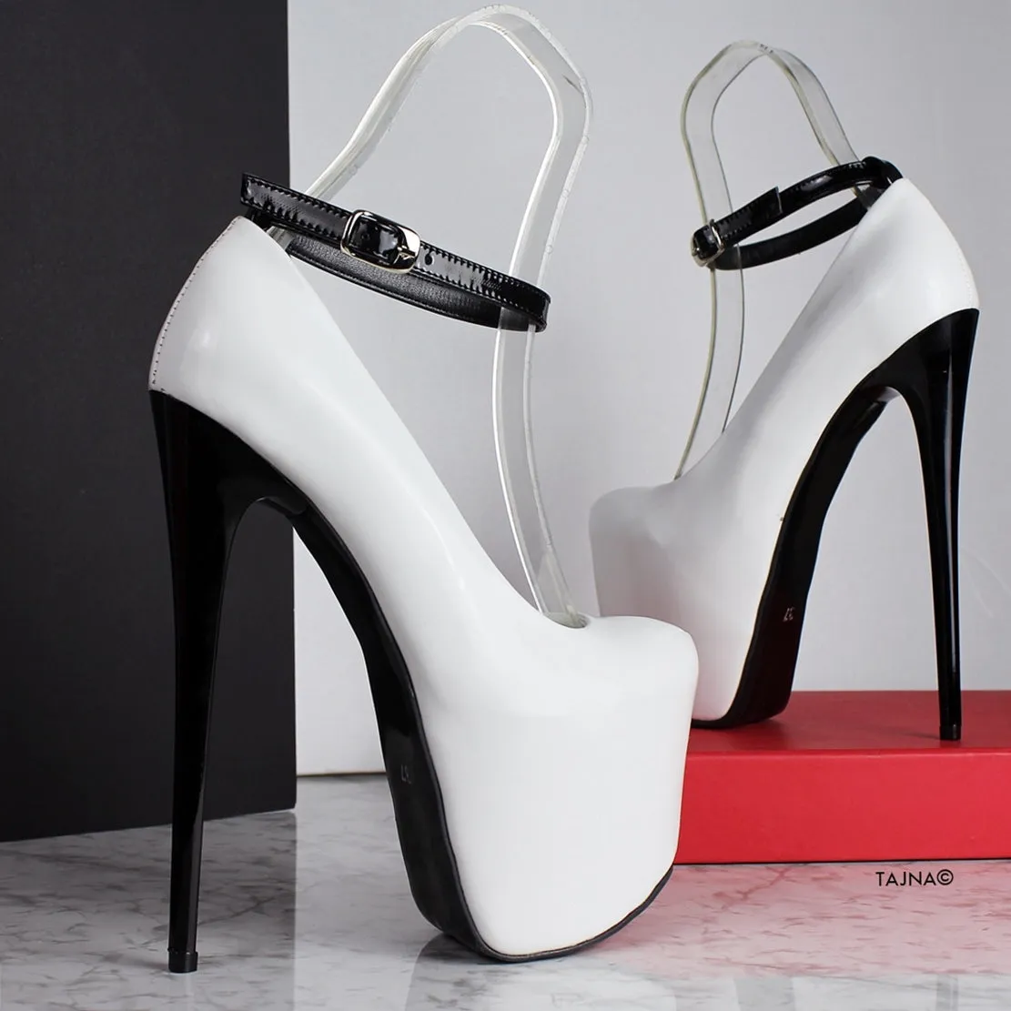 Ankle Strap White Black Gloss High Heels