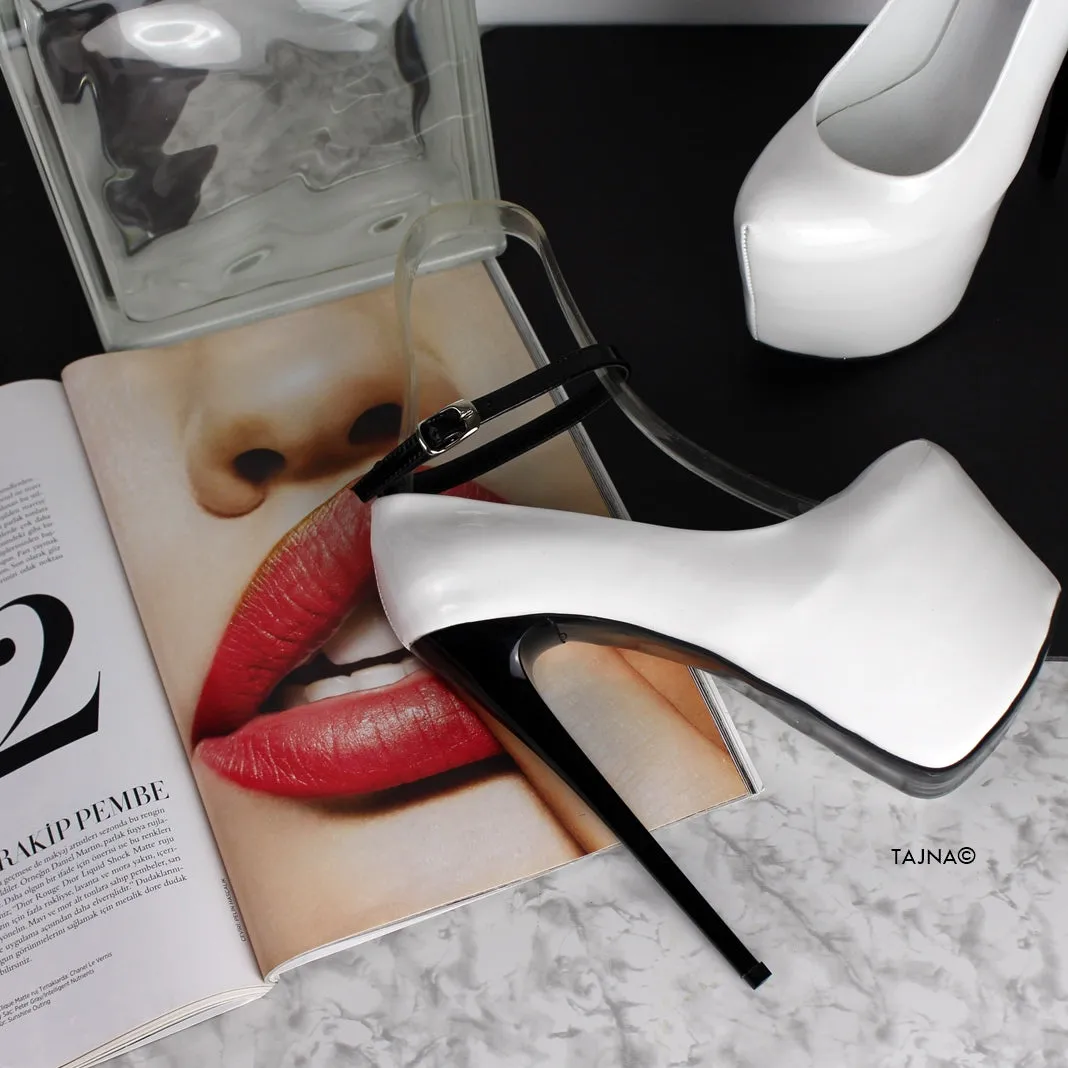 Ankle Strap White Black Gloss High Heels