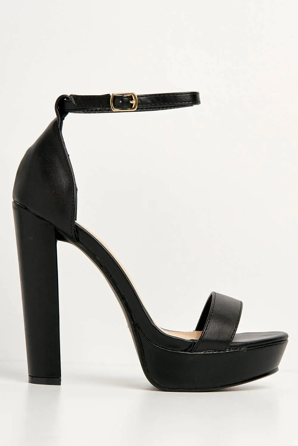 Azaria Ankle Strap Block Heel Platform Heeled Sandals in Black Matt