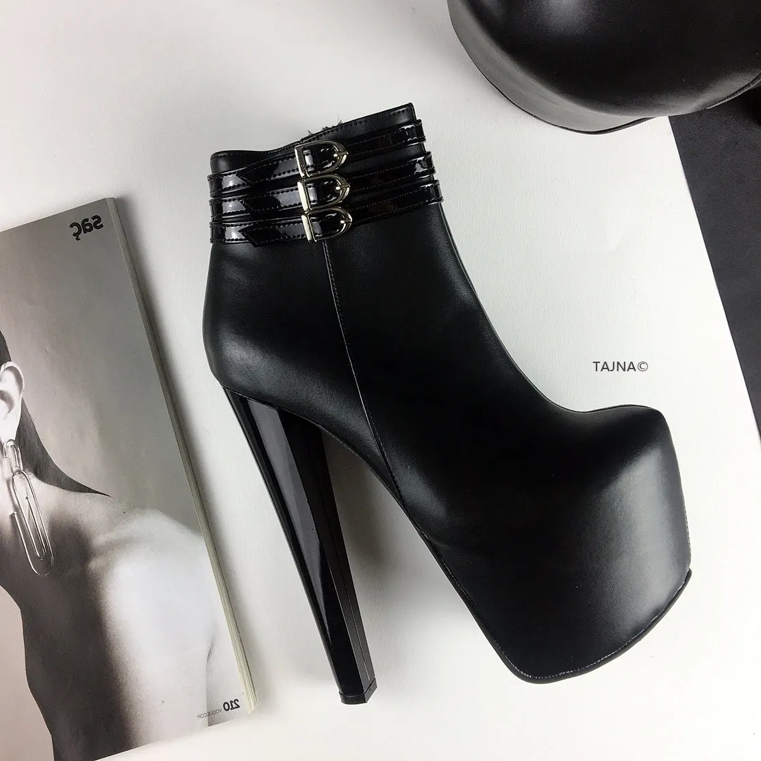 Belted Ankle Black Platform Boots