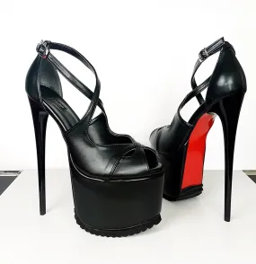 Black Cross Strap Serrated Sole Heels