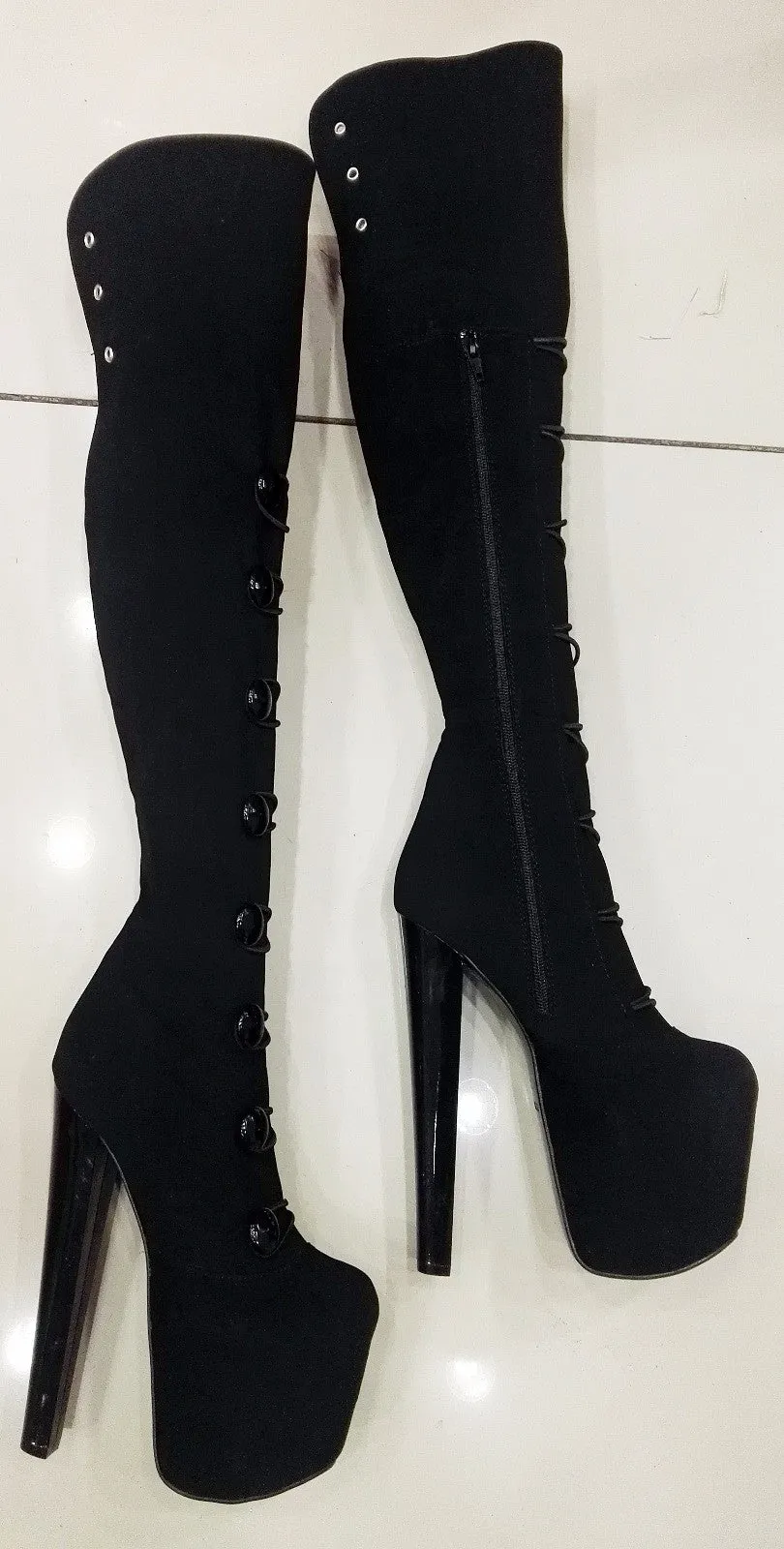 Black Faux Suede Over Knee High  Platform Boots High Heel Shoes