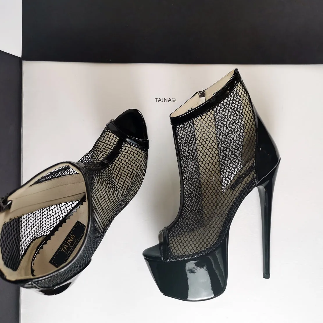 Black Fishnet Peep Toe Platforms