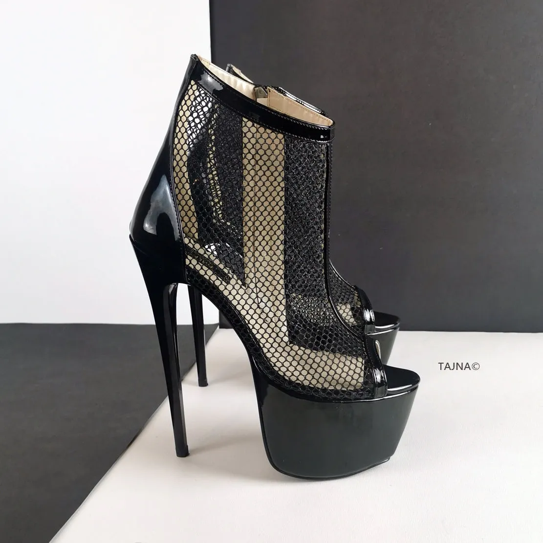 Black Fishnet Peep Toe Platforms