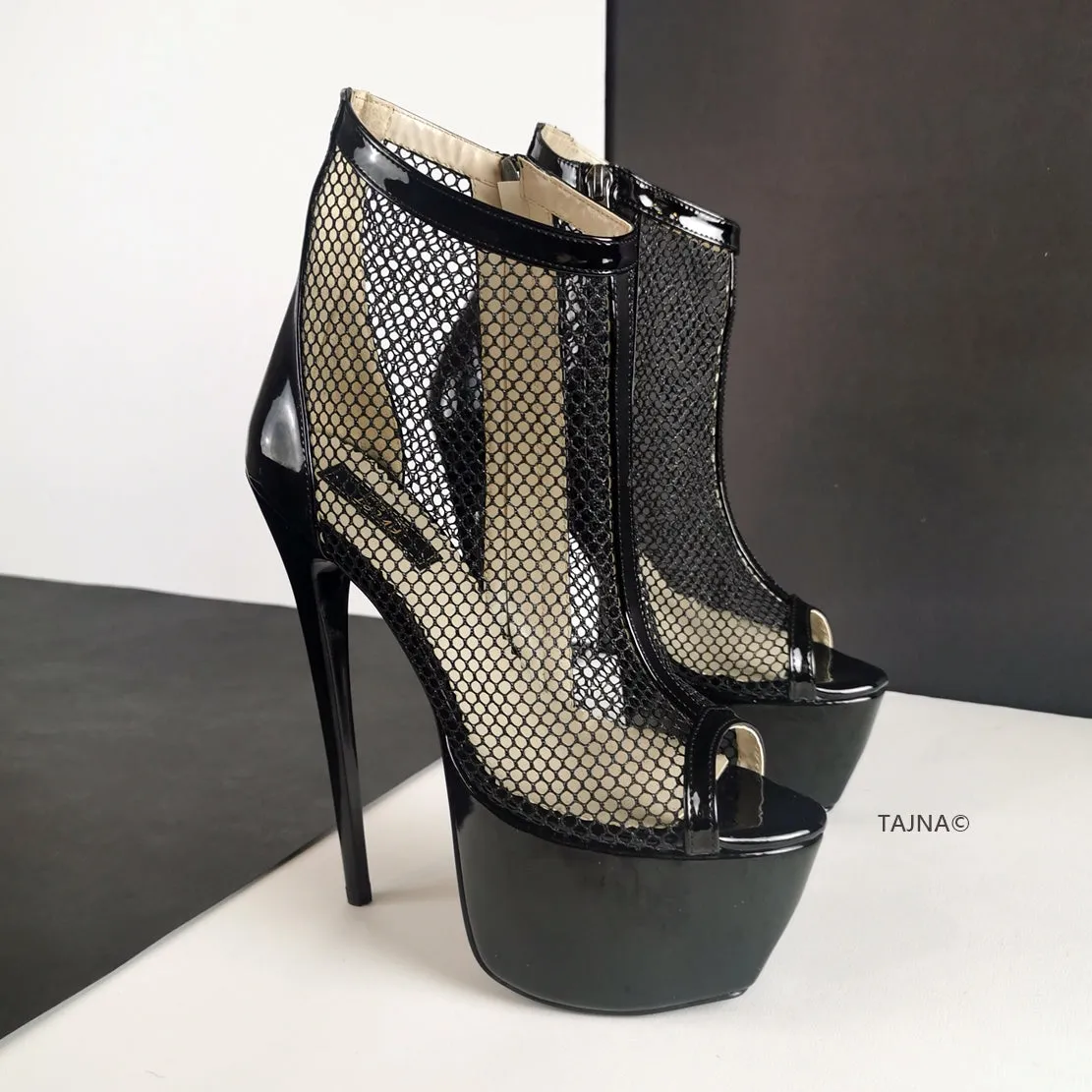 Black Fishnet Peep Toe Platforms