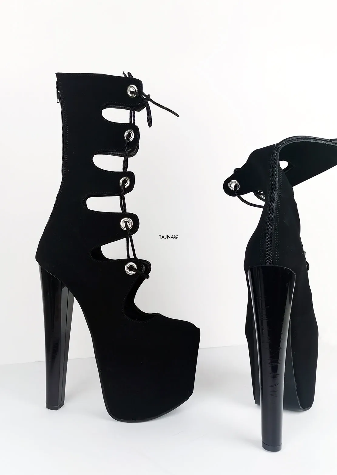 Black Gladiator Lace Up Heel Mid Boots