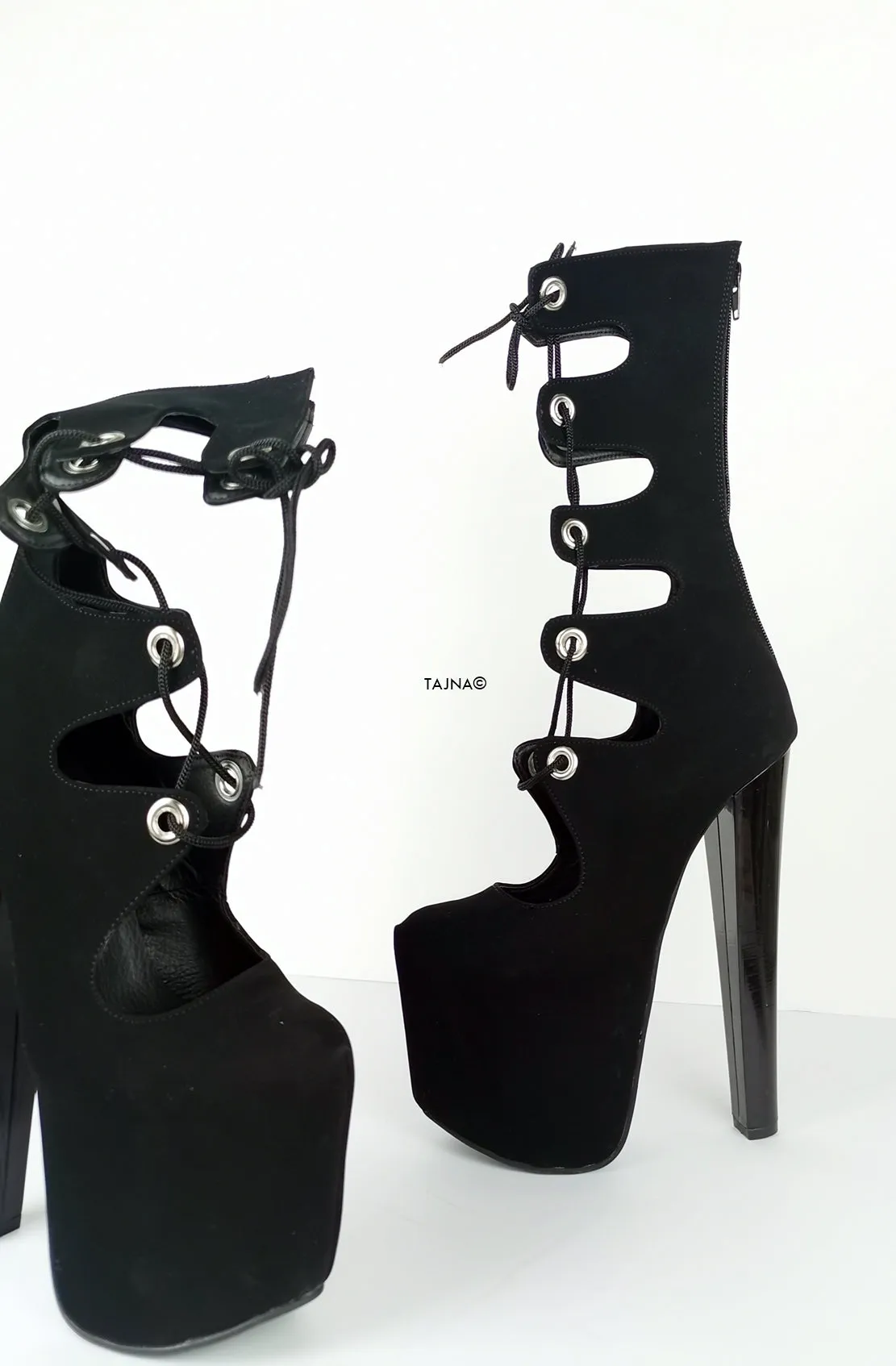 Black Gladiator Lace Up Heel Mid Boots