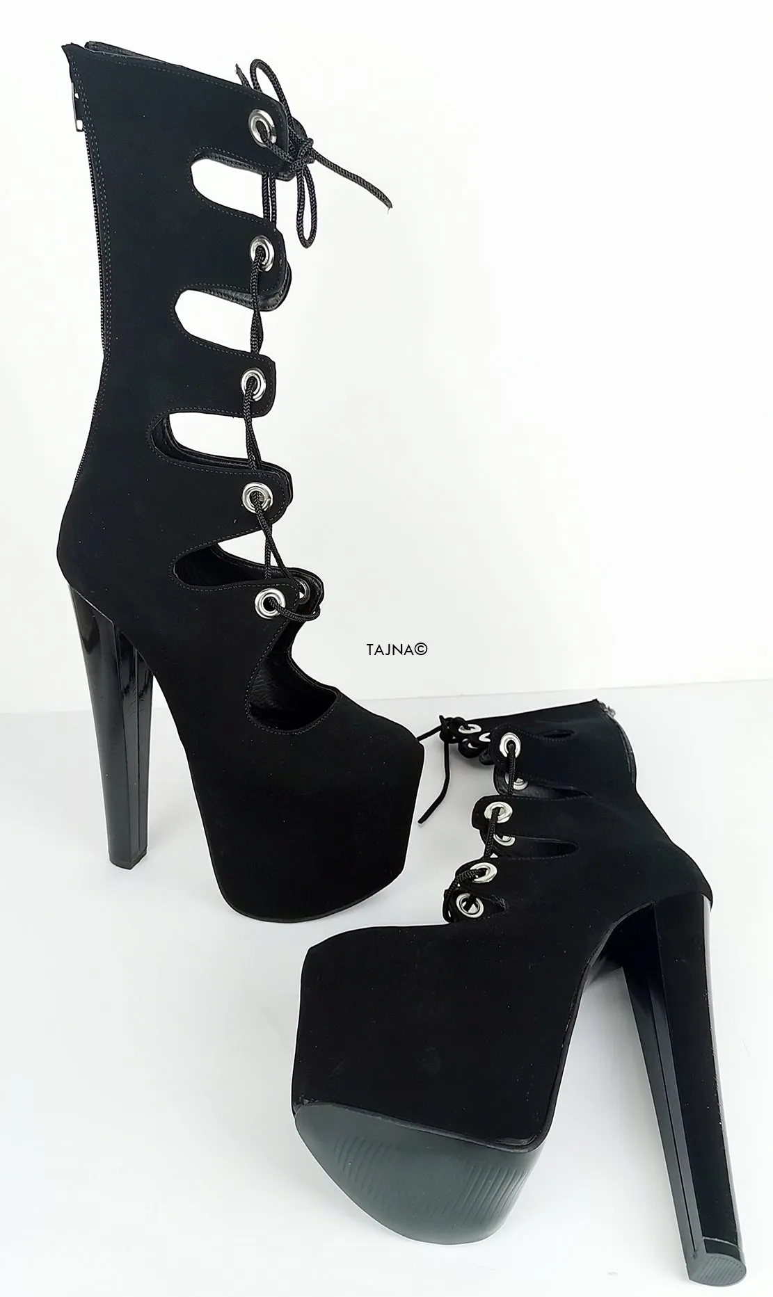 Black Gladiator Lace Up Heel Mid Boots