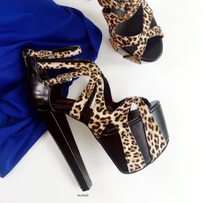 Black Leopard Detail Cage Heels