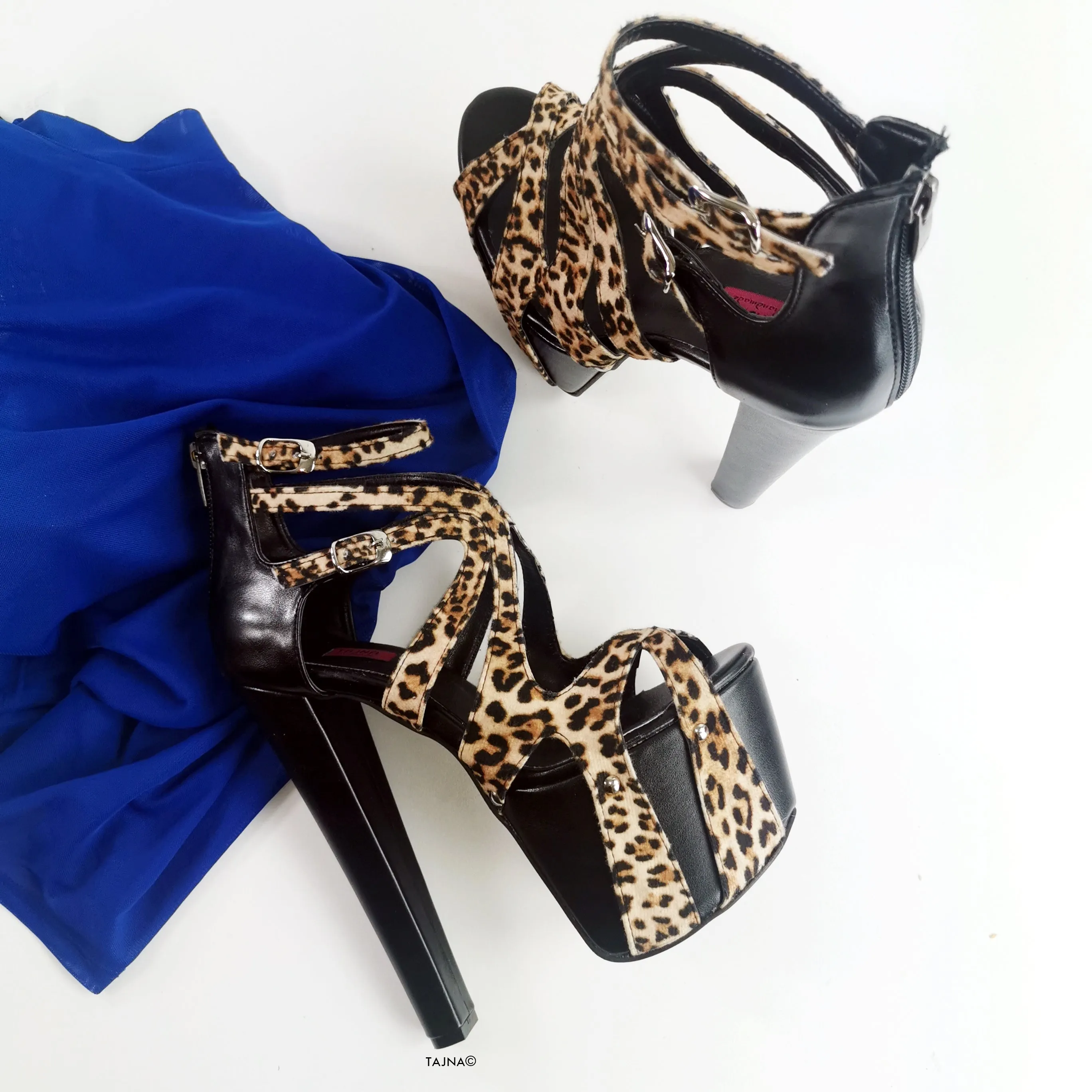 Black Leopard Detail Cage Heels