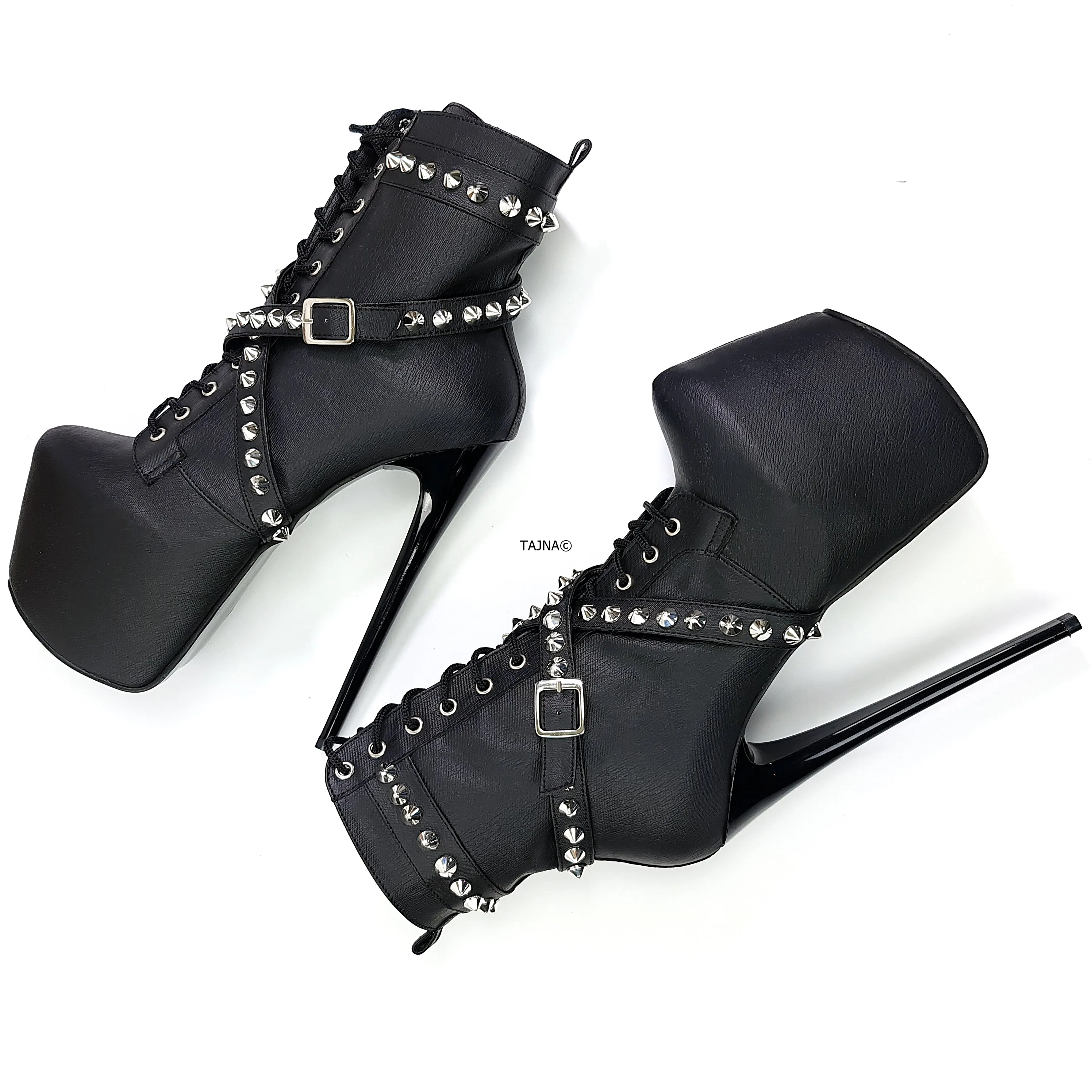 Black Matte Spike Studs High Heel Rocker Boots