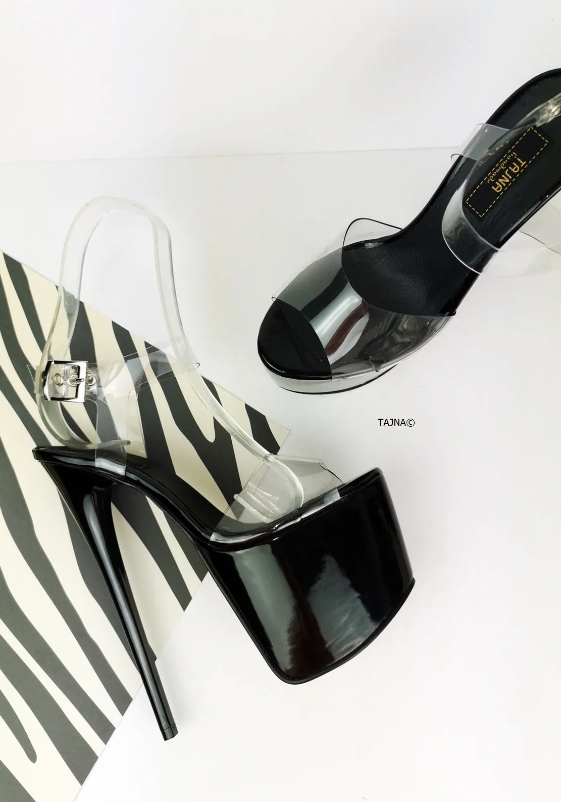 Black Patent High Heel Clear Strap Sandals