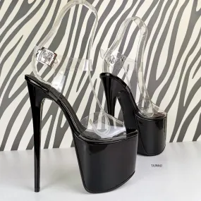 Black Patent High Heel Clear Strap Sandals