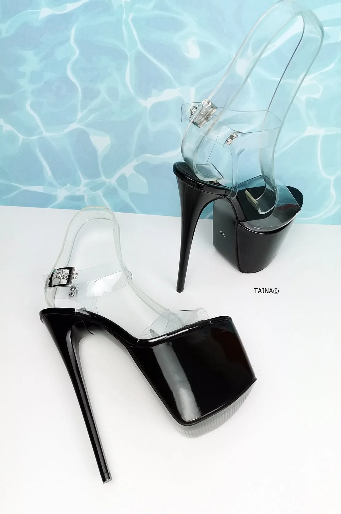 Black Patent High Heel Clear Strap Sandals