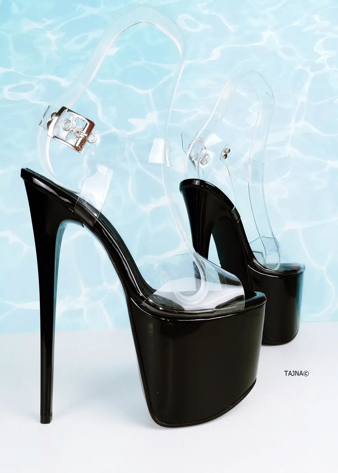 Black Patent High Heel Clear Strap Sandals