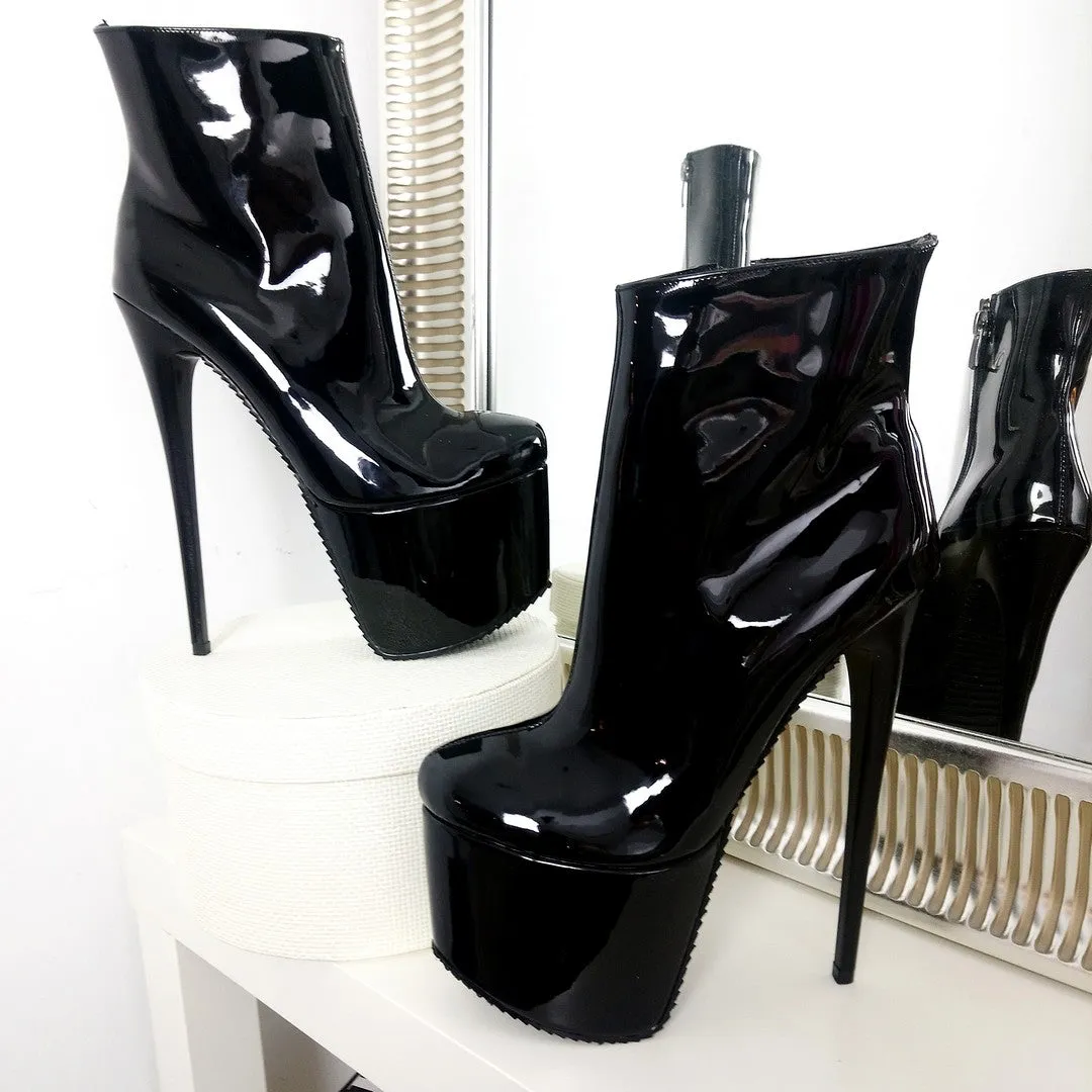 Stylish Black Patent High Heel Platform Boots with 19 cm Heel Height