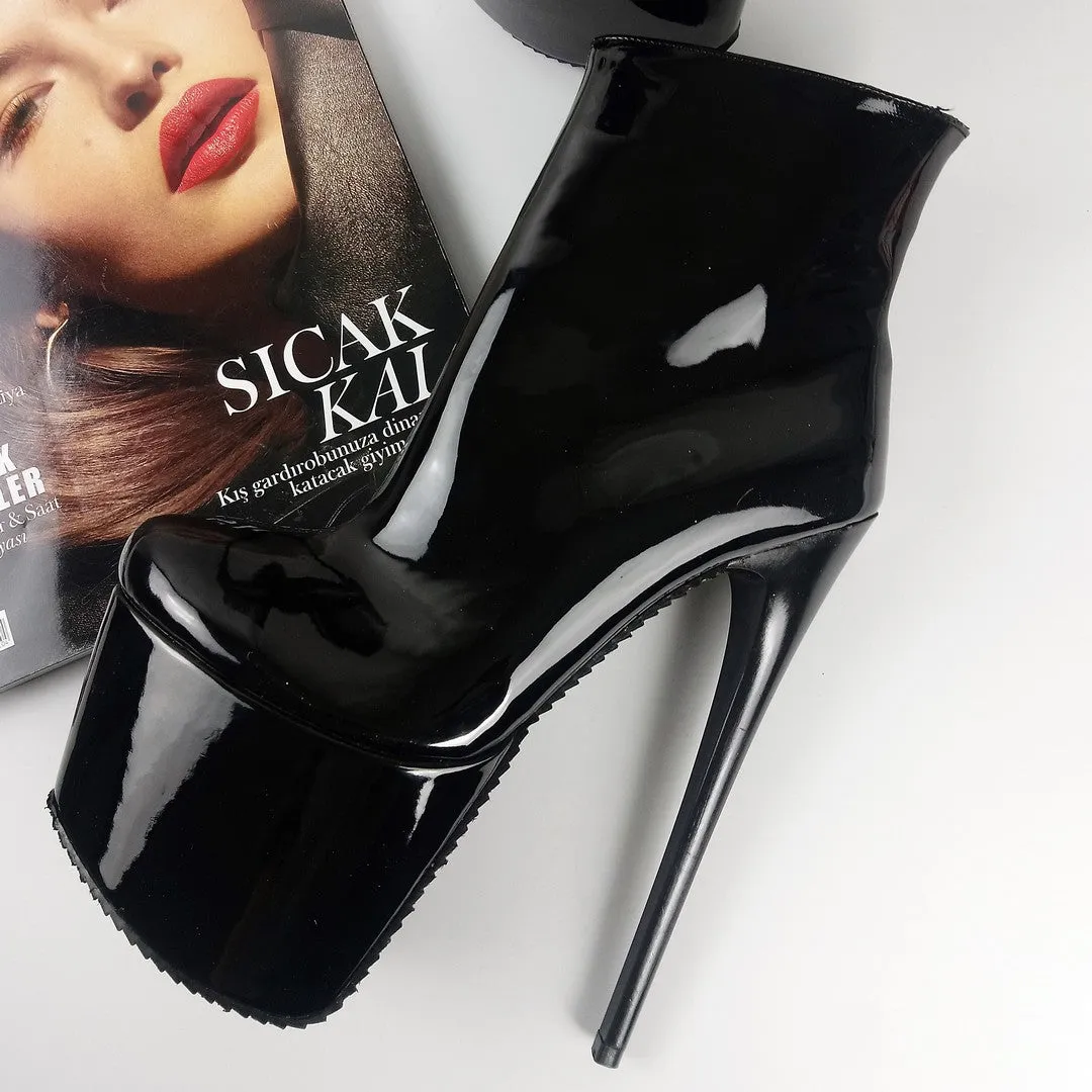 Stylish Black Patent High Heel Platform Boots with 19 cm Heel Height