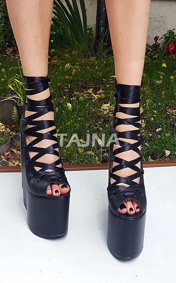 Black Platform Wedges Lace Up 20 cm High Heel Shoes