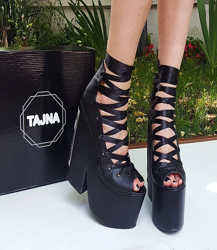 Black Platform Wedges Lace Up 20 cm High Heel Shoes