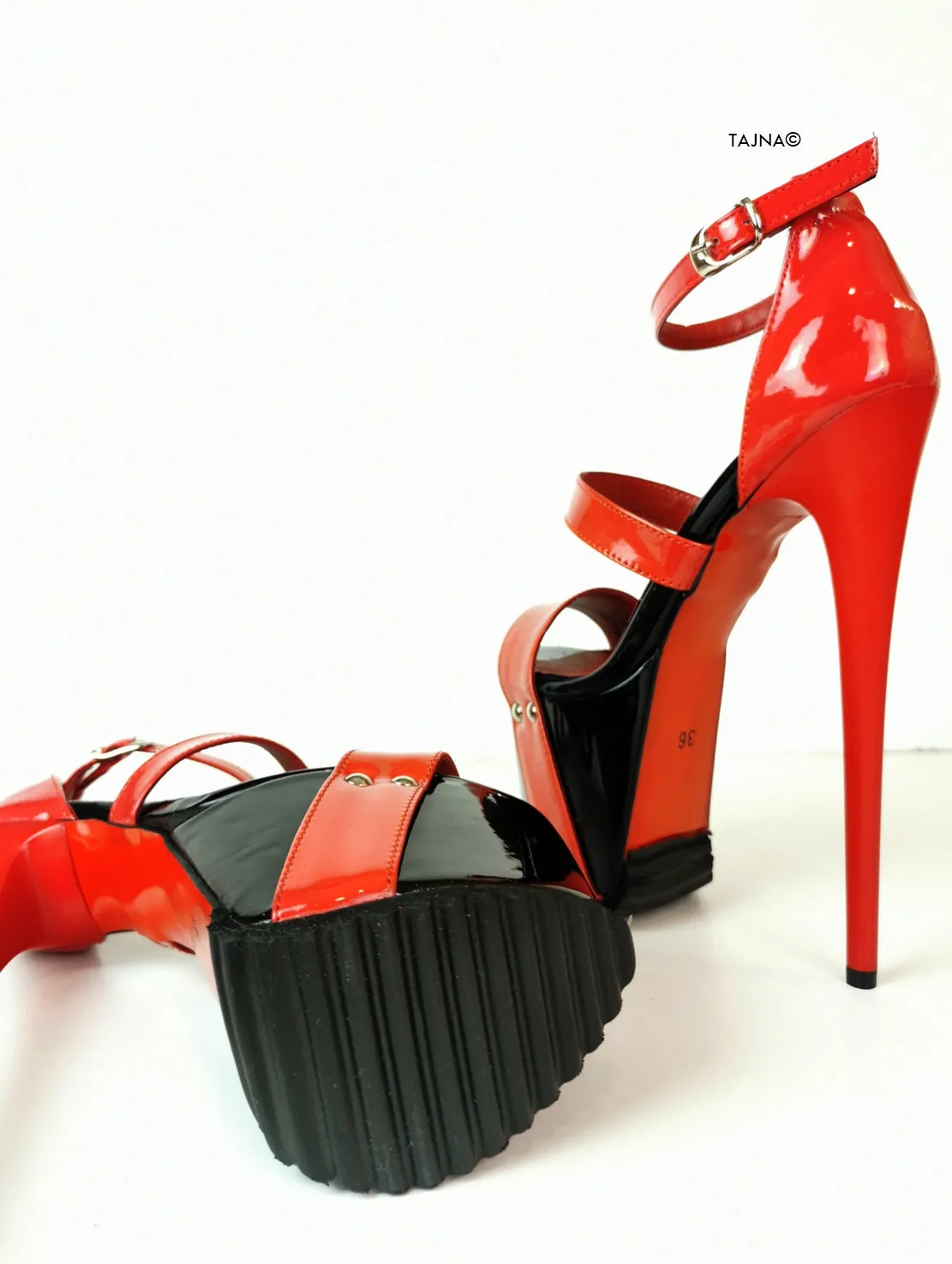 Black Red Patent Serrated Sole Platform Sandals