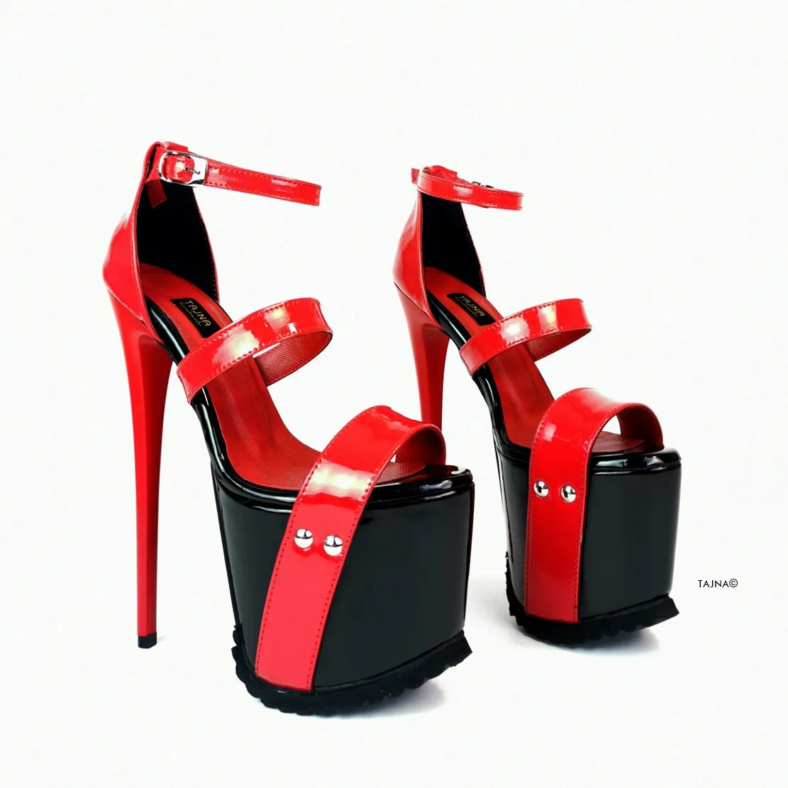 Black Red Patent Serrated Sole Platform Sandals