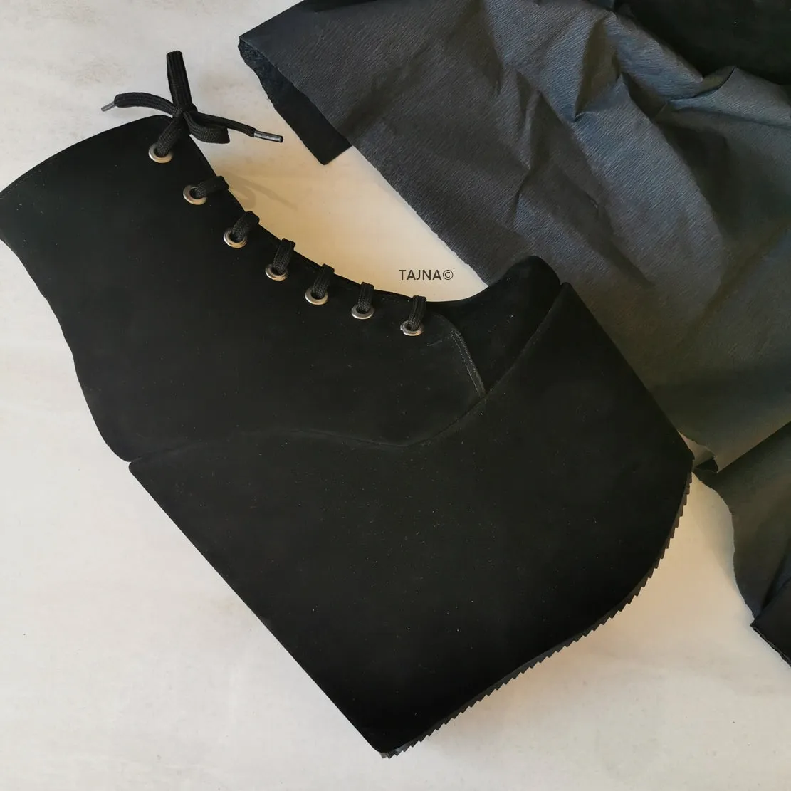 Black Suede  Lace Up Ankle Wedge Booties